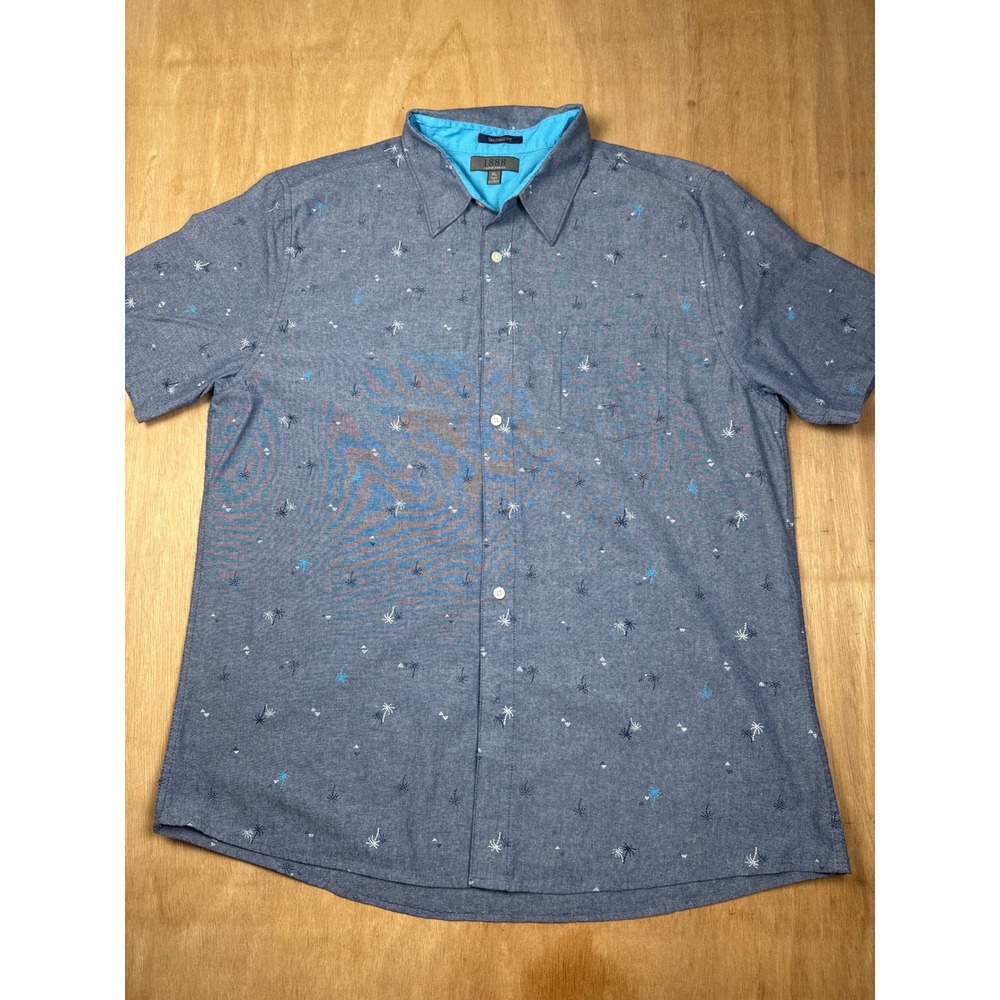 Saddlebred 1888 Men's Blue Palm Tree Print Short Sleeve Button Up Shirt Size XL‎